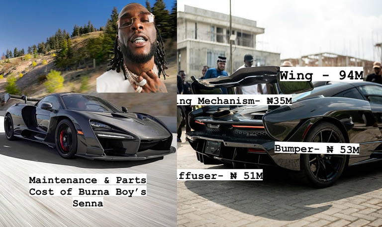 Maintenance & Spare Parts Cost for Burna Boy's ₦3.2 billion 2019 McLaren Senna Exposed Carbon: Carbon Diffuser: ₦51 million, Front Fender: ₦37 million